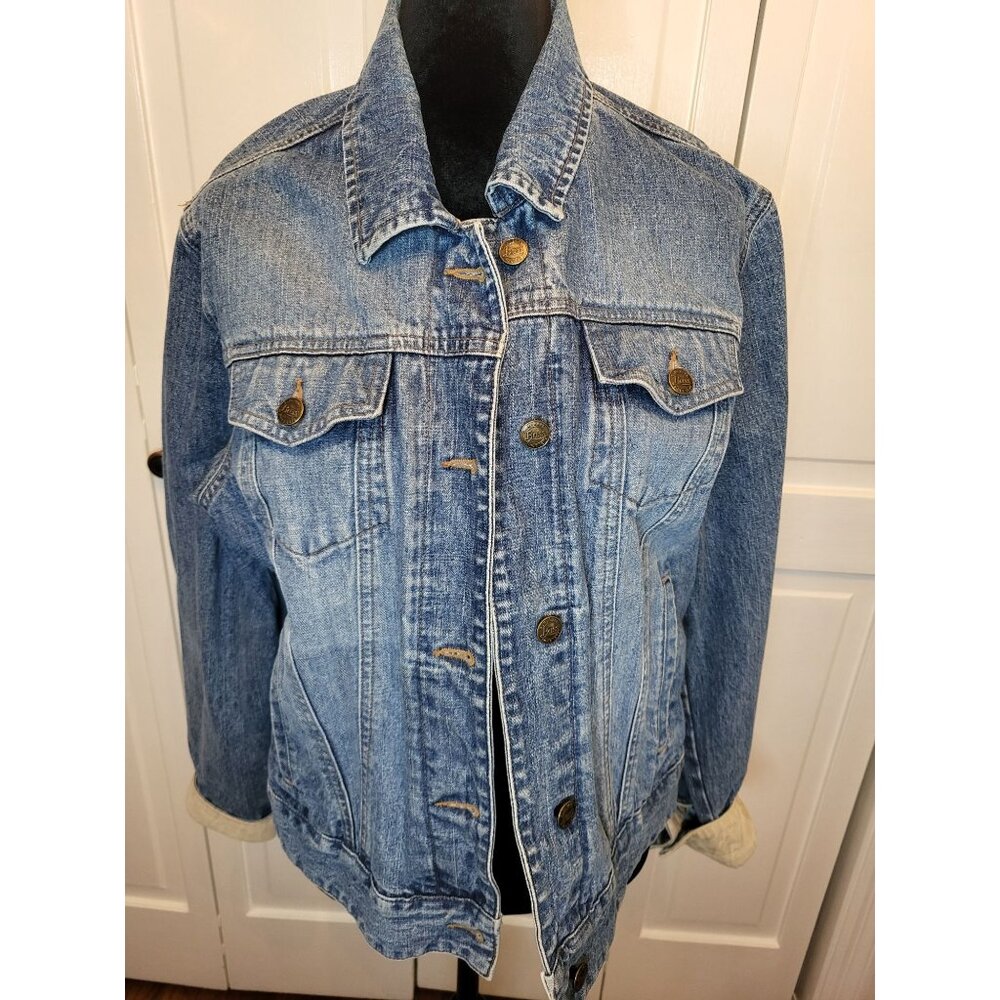 Vintage y2k Medium Wash Denim Jacket Bass L Corduroy Classic American Western - Picture 1 of 8